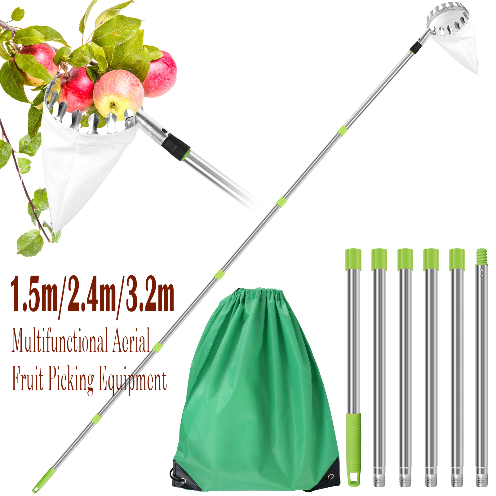 Fruit Picker Tool with Storage Bag, Metal Orchard Picking Tool, Ideal for Cherry, Berry, Orange, Lemon, Pear