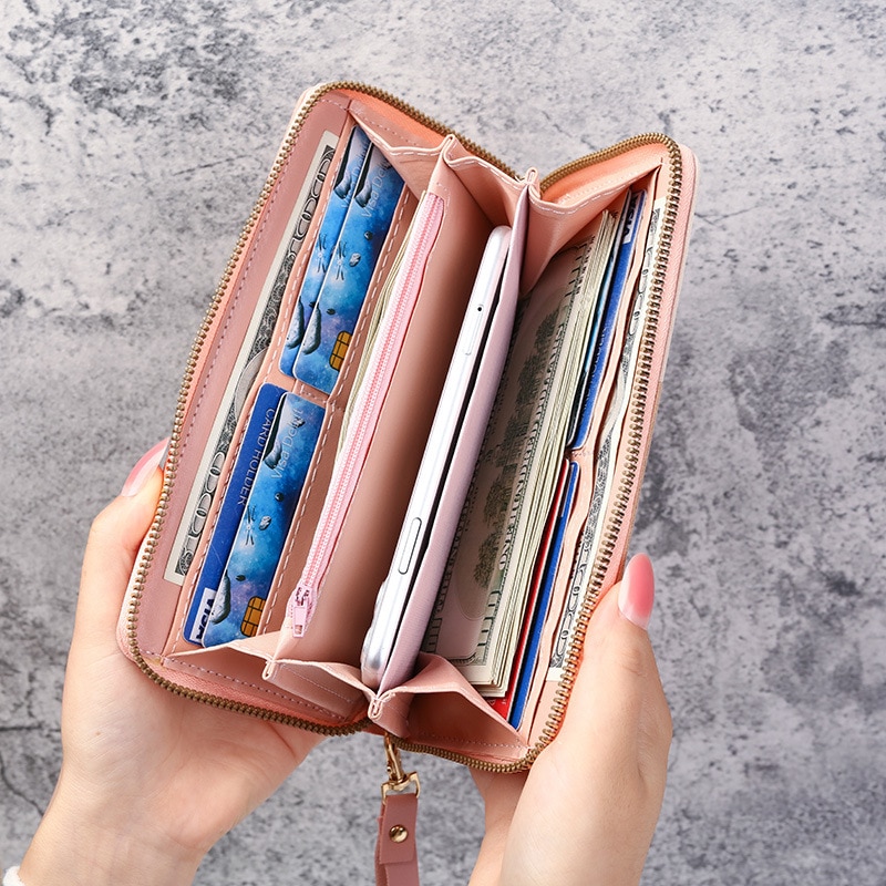 Fashion Zipper Wallets, Womens Long Purses, Handbags Coin Purse Cards Holder Leather Billfold Wallet