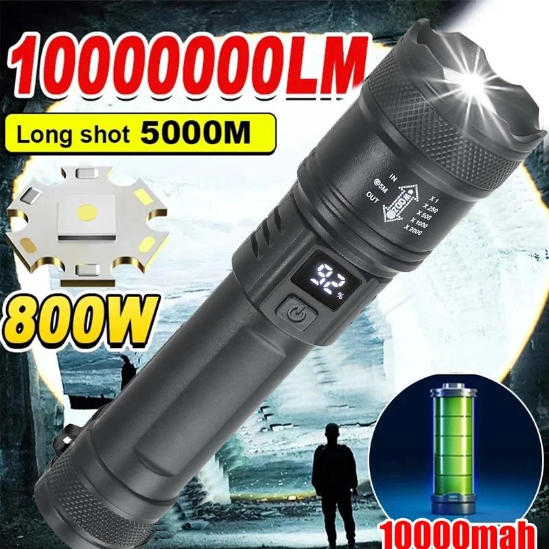 2000LM Tactical LED Flashlight with Power Display –USB Rechargeable Zoom Torch for Camping, Fishing & Emergency Survival