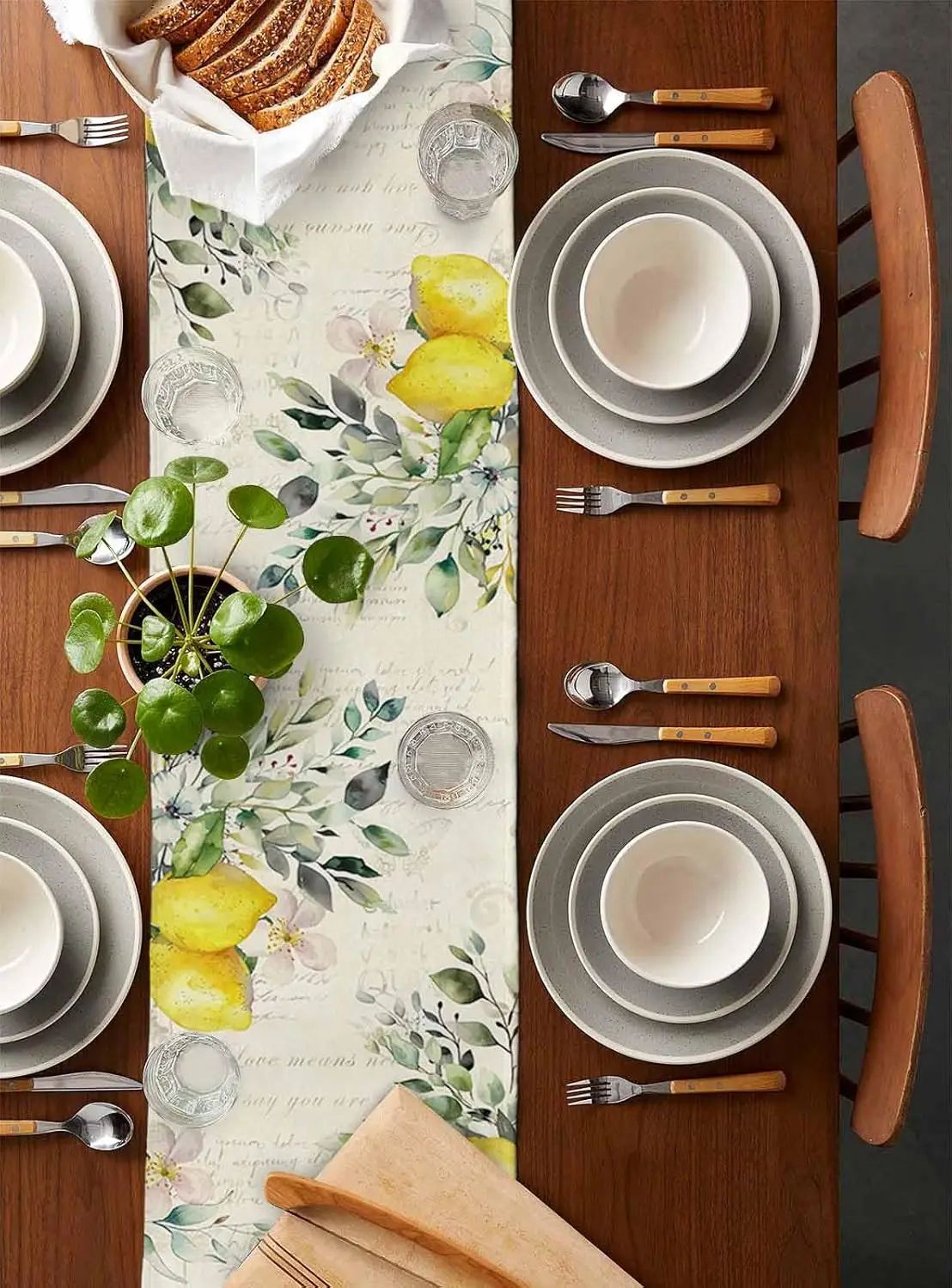 Eucalyptus Lemon Linen Table Runner for Dining Table – Floral Farmhouse Seasonal Kitchen Decor