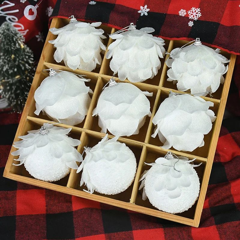 White Glitter Petal Christmas Ball Ornament Set 3pcs