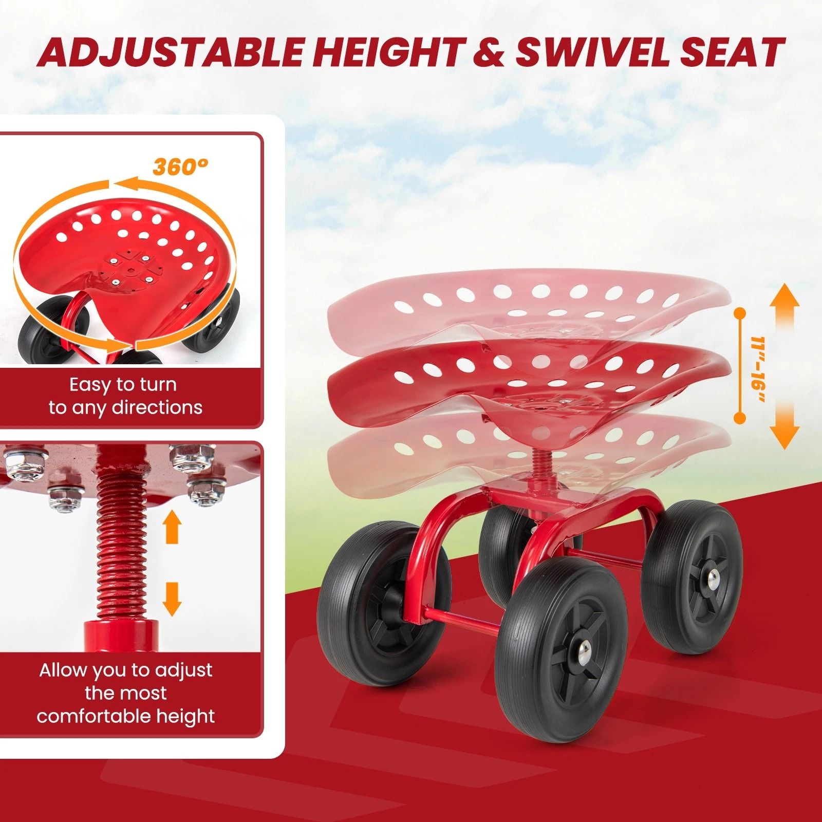 Heavy Duty Rolling Garden Cart with Adjustable Height & 360° Swivel Seat
