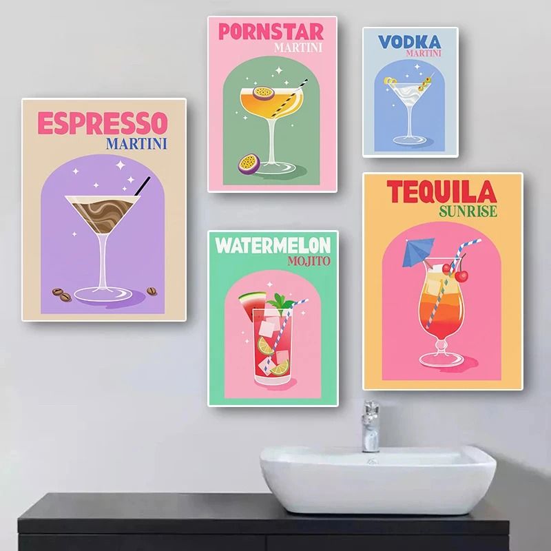 Colorful Simplicity Cocktail Posters – Trendy Drink Prints & Whiskey Bar Cart Canvas Art for Modern Home Bar Decor