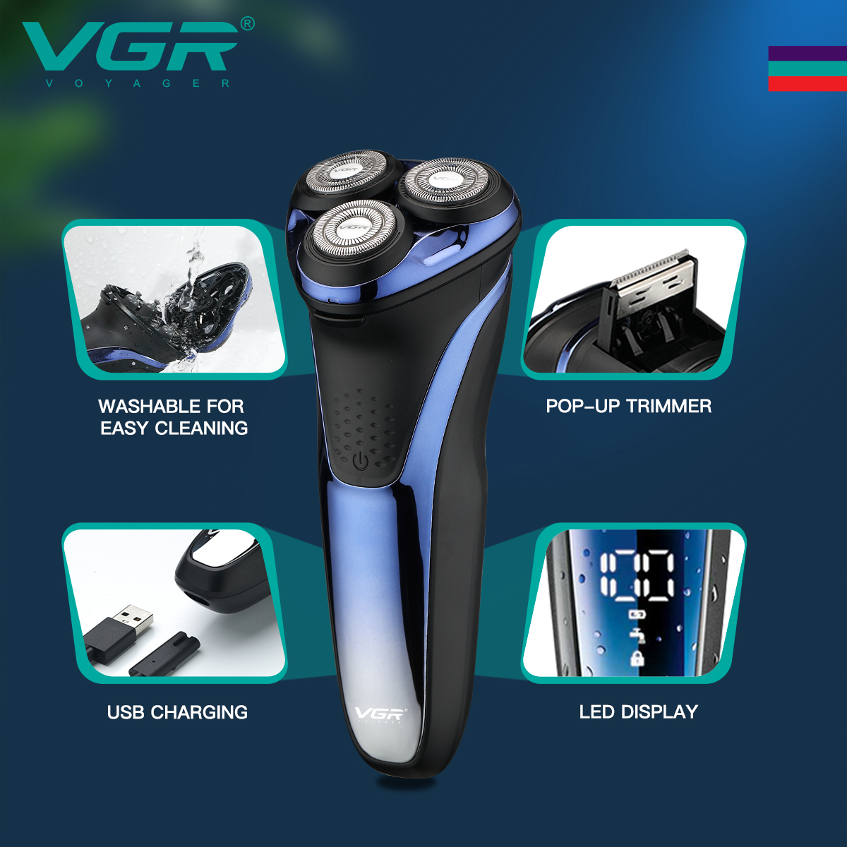 Waterproof Rotary Electric Shaver with Pop Up Trimmer and LED Display
