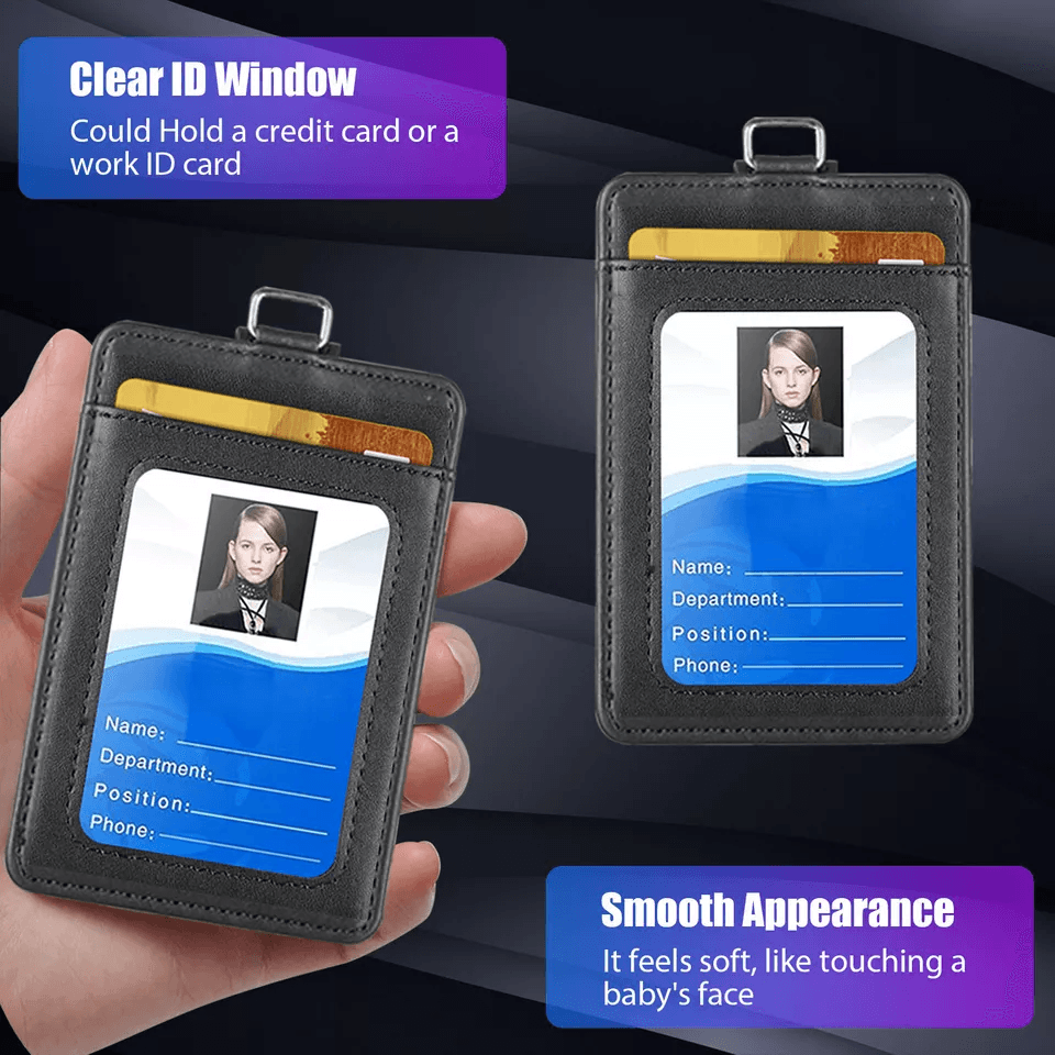 PU Leather ID Badge Card Holder with Vertical Clip & Neck Lanyard Strap Case