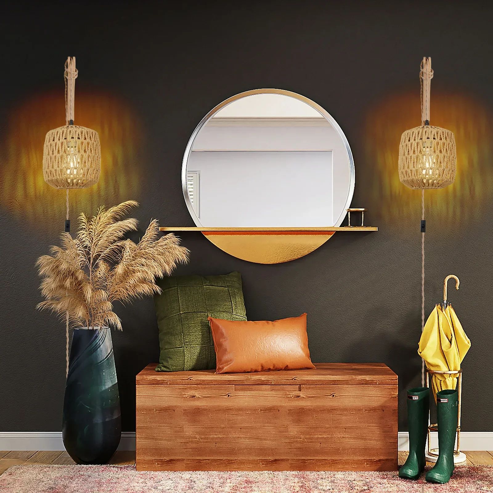 Boho Rattan Wall Lamp – Handwoven Rustic Wall Sconce with E27 Bulb Base