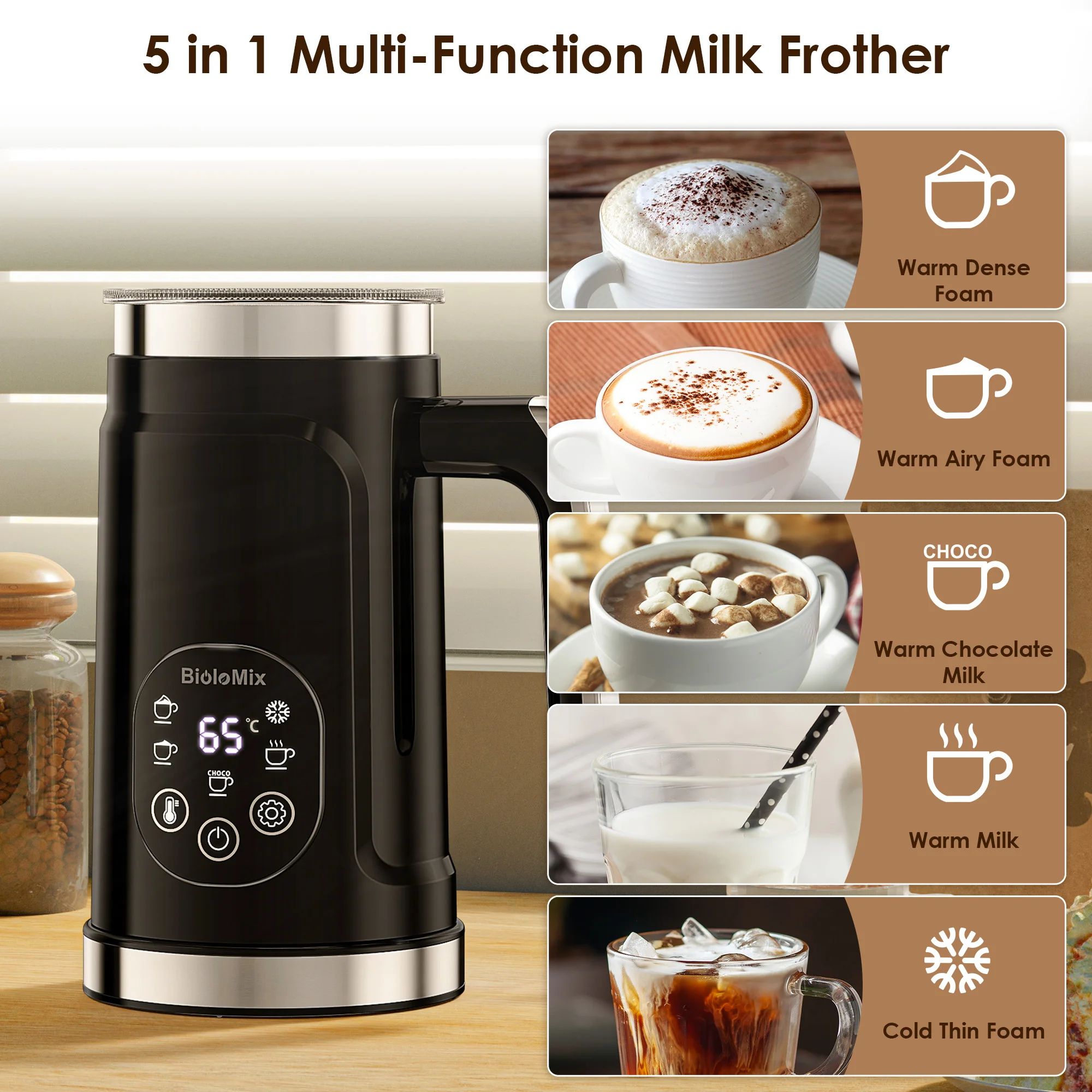 BioloMix 5-in-1 Smart Milk Frother with LED Touch Display – Hot & Cold Foam Maker & Warmer