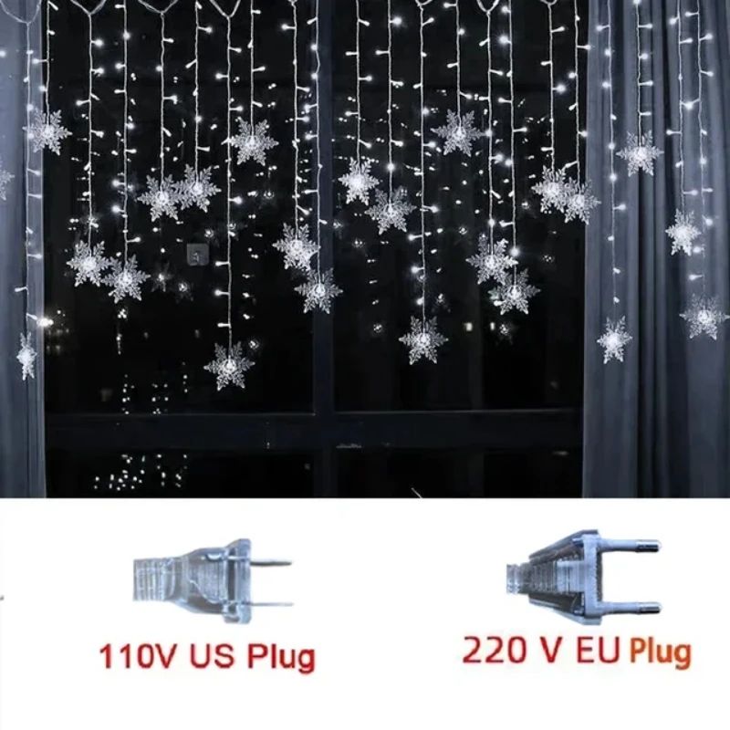 Christmas Snowflake LED Curtain String Lights – Flashing Holiday Fairy Garland