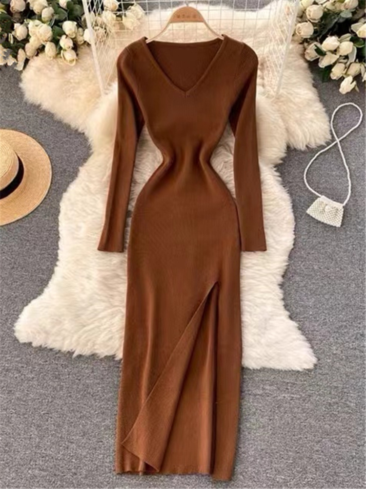 Female V-Neck Slim Slit Women's Sweater Dress, Tight-fitting Wrap Dresses