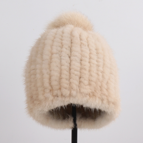 Winter Women Genuine Mink Fur Hat Hand Knitted Warm Cap with Real Mink Fur and Fox Fur Pompoms