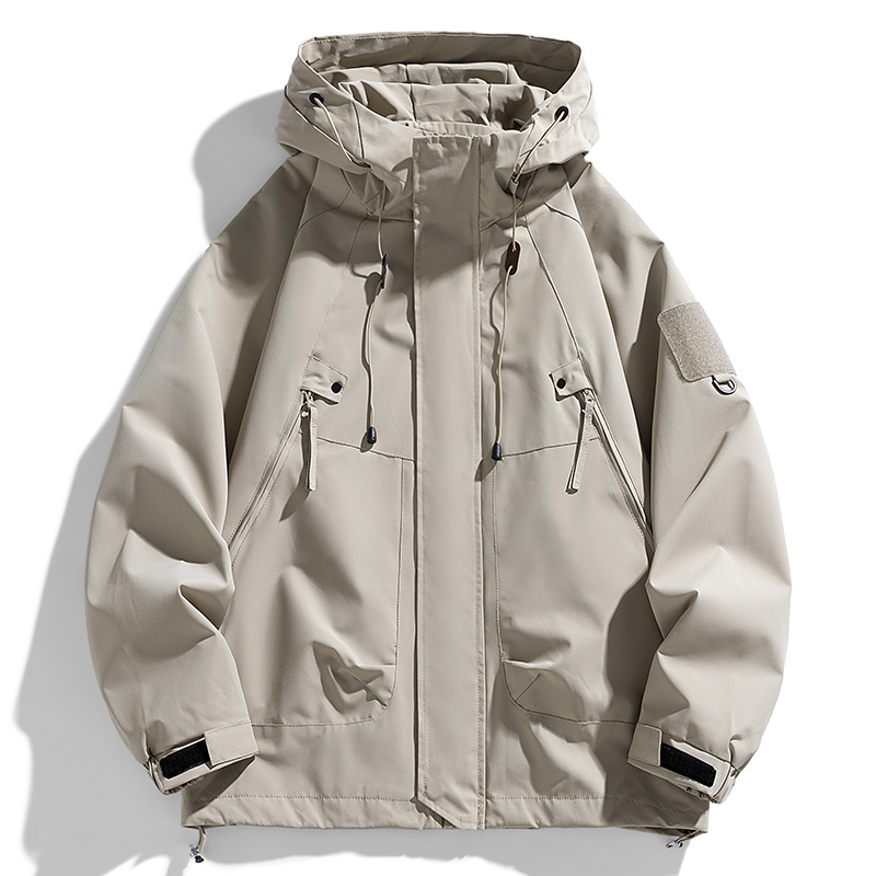 Windbreakers Men Hooded Jacket, Zipper Coat Cargo, Waterproof Black Bomber, Camping Loose Thin Softshell Hiking Jacket