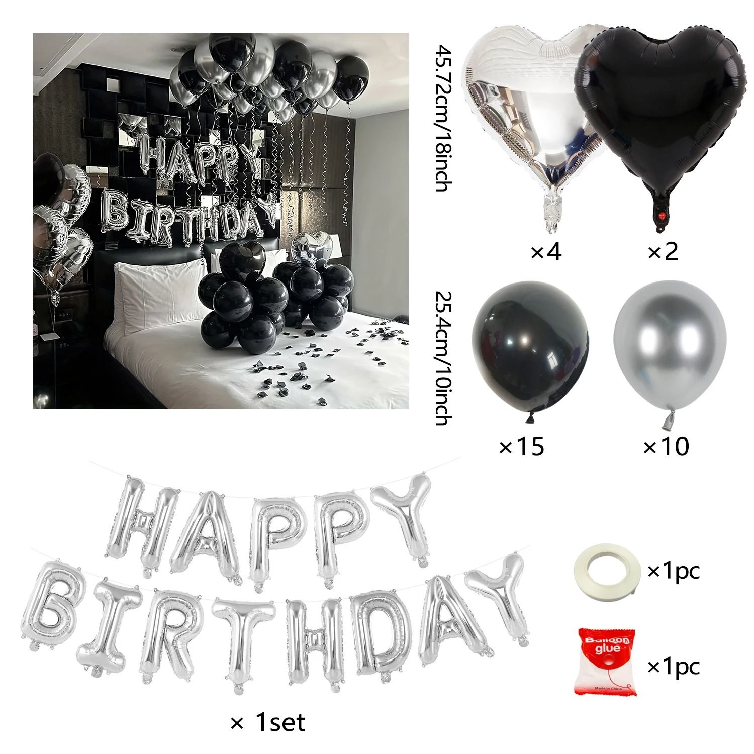 Black & Silver Milestone Set – 16-Inch Alphabet & Heart Foil Balloons