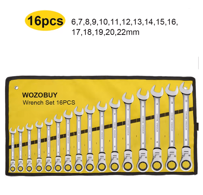 Metric Ratcheting Combination Wrench Set with Flex Head and Carrying Bag