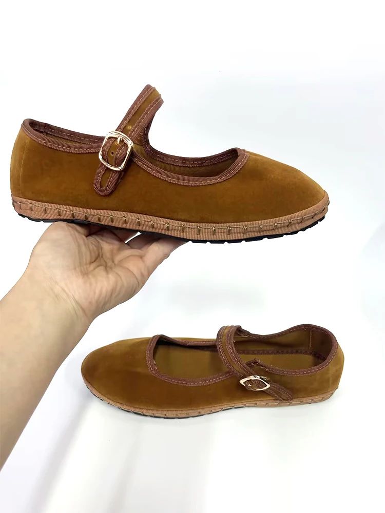 Women Velvet Mary Jane Shoes Hand Stitch Solid Red Flats, Casual Streetwear Cloth Ballet Pumps Loafers