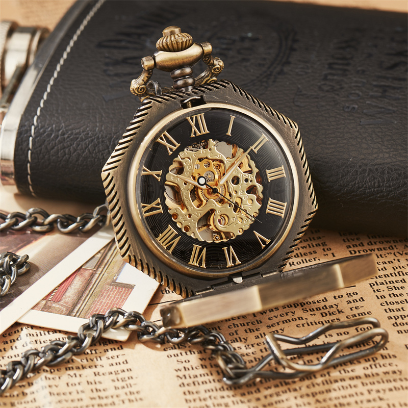 Luxury Mechanical Skeleton Pocket Watch with Chain Vintage Steampunk Roman Dial Gold