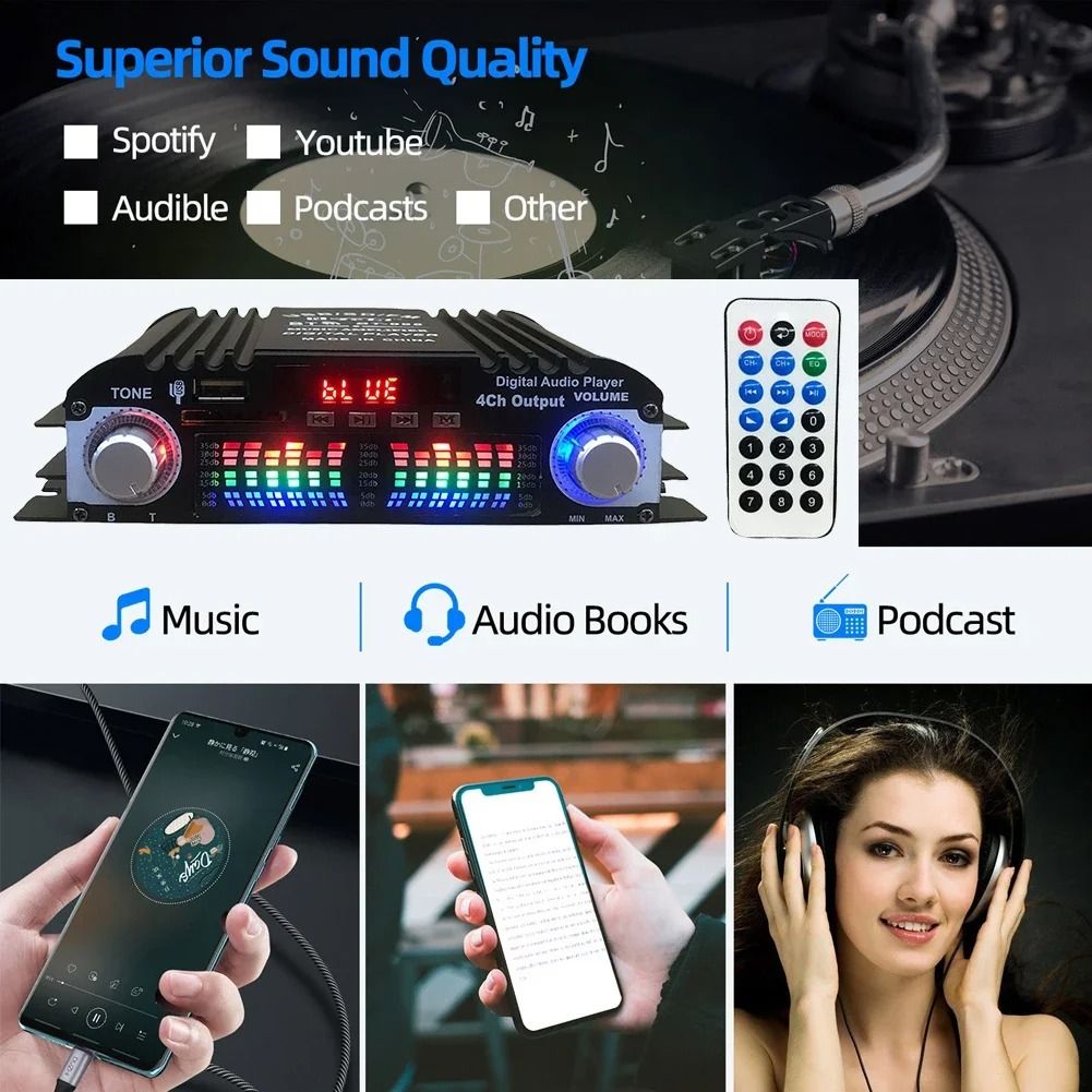 Bluetooth HiFi Power Amplifier 4 Channel Digital Audio Amplifier With FM And Remote