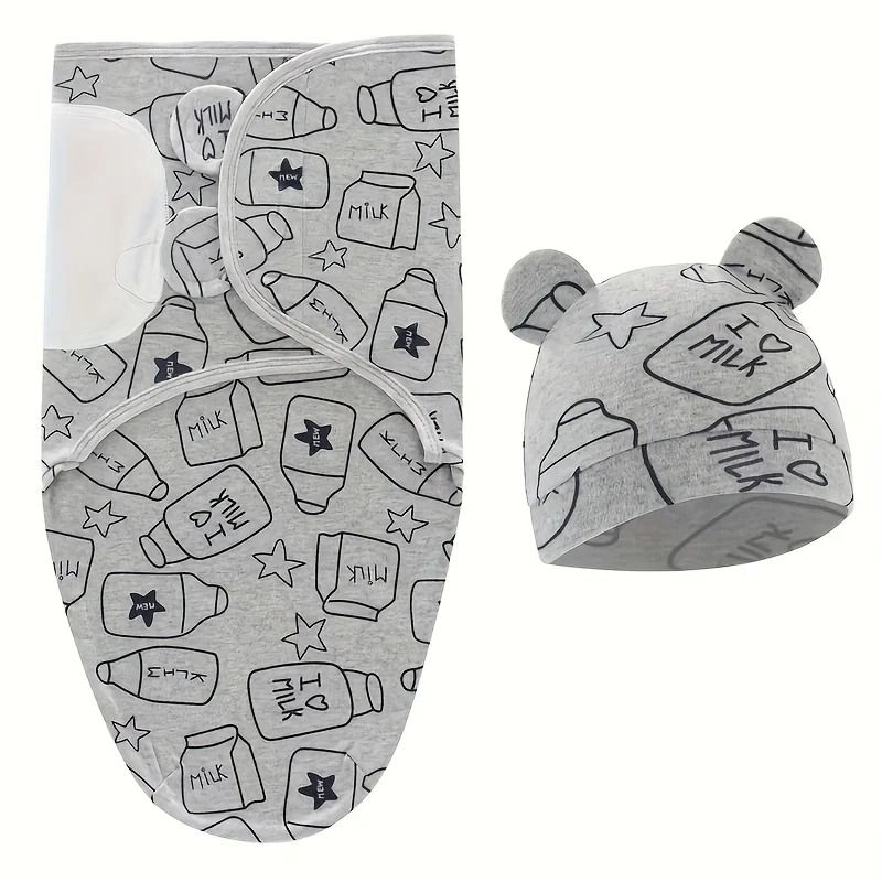 1pc Baby Swaddle Set with Hat - Ultra-Soft Gray Star, Cloud & Moon Patterns