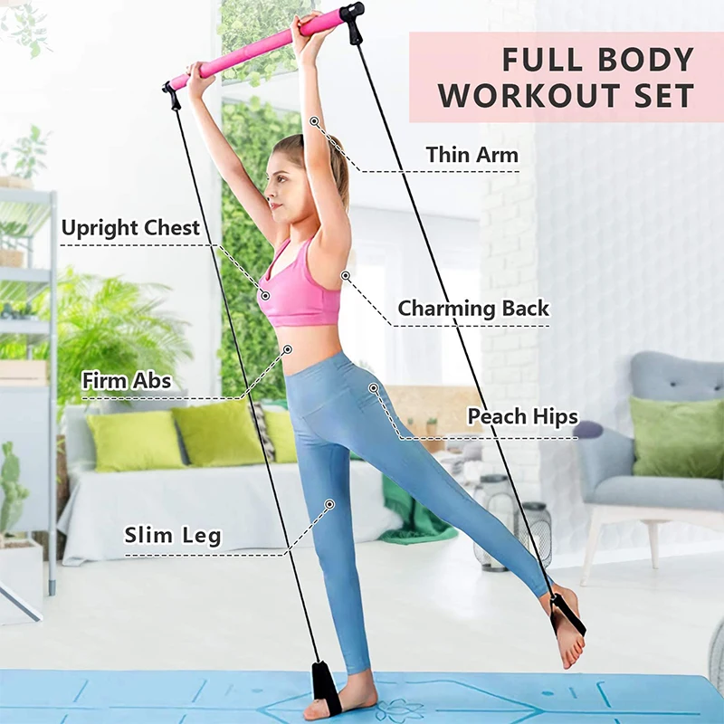 Yoga Pilates Bar Set, Multifunctional Fitness Bar Combination, Elastic Rope Back Trainer Stretching Belt