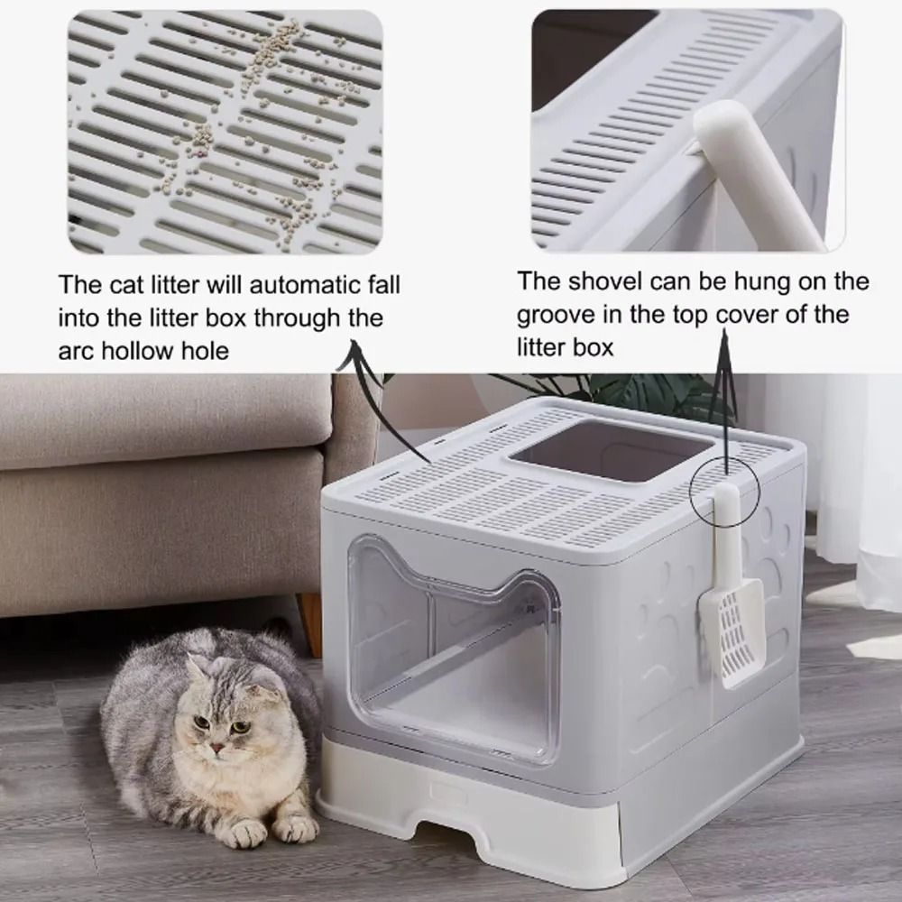 Foldable Cat Litter Box with Drawer Design and Scooper
