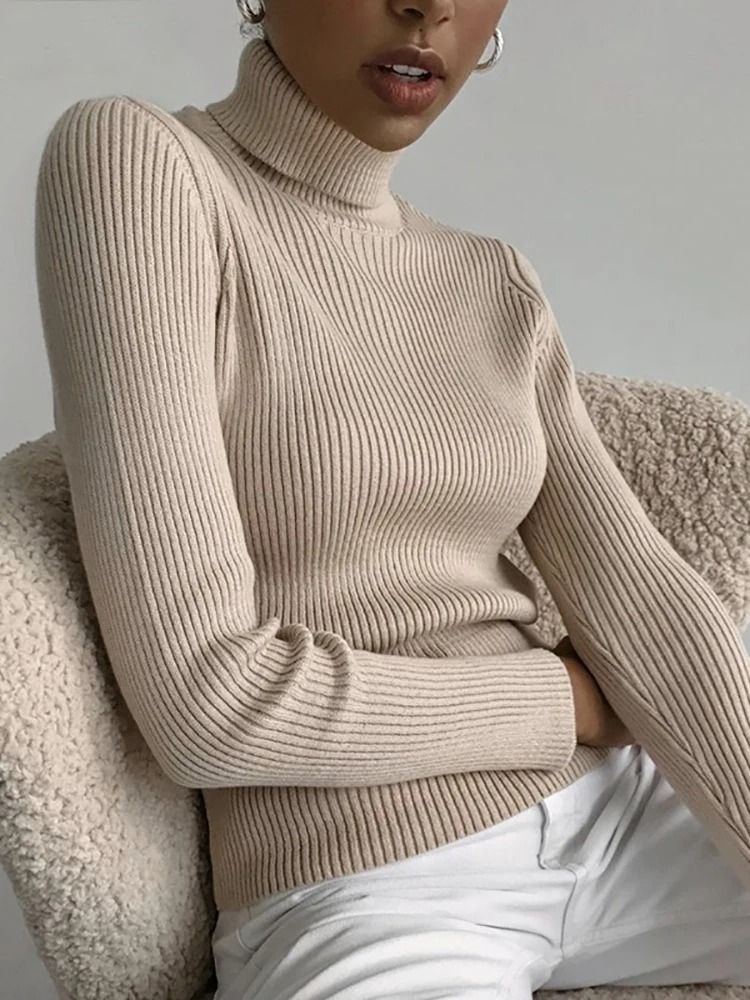 Elegant Ribbed Turtleneck Cashmere Soft Knit Pullover Basic Winter Jumper for Women