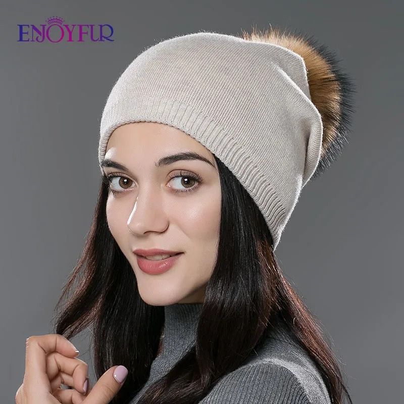 Wool Knit Beanie with Real Fur Pom Pom