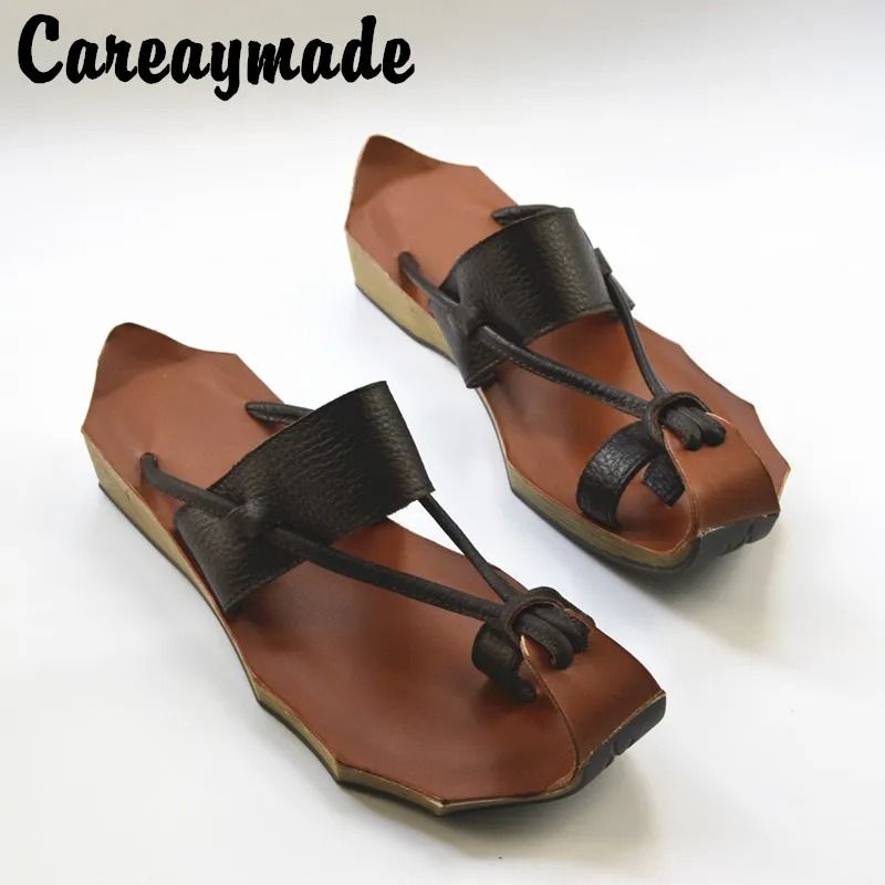 Careaymade Handmade Genuine Leather Slippers Retro Zen Art Womans Slipper Four Colors