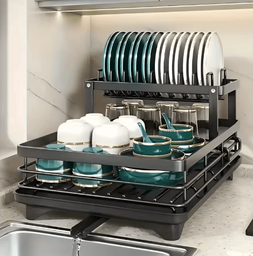 Double Tier Extendable Dish Drainer Large Capacity Adjustable Kitchen Countertop Rack