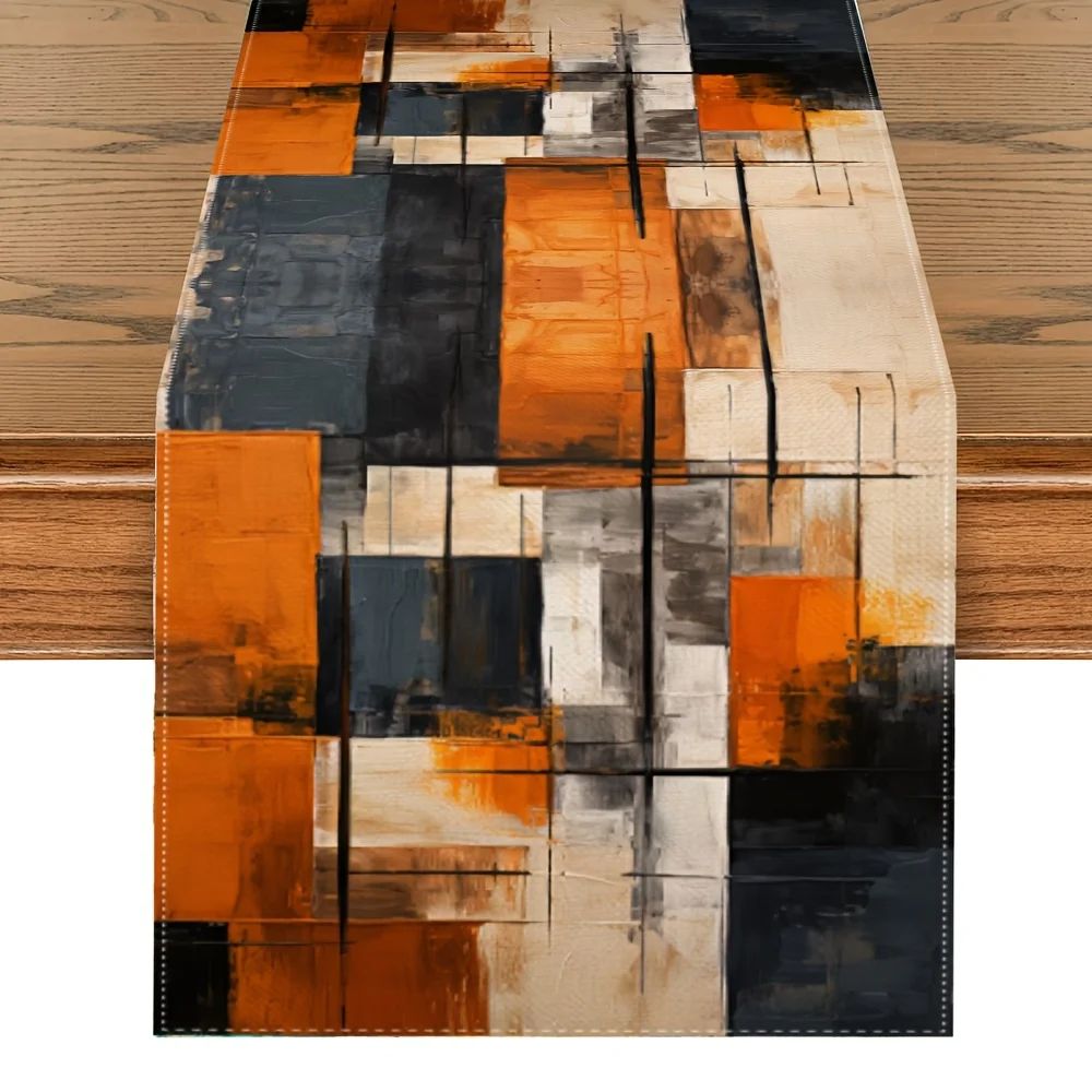 Watercolor Abstract Stripe Table Runner – Orange Black Linen Decor for Holiday & Dining Tables