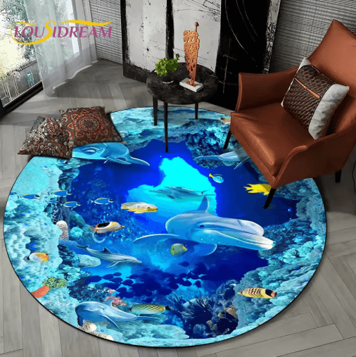 3D Ocean Dolphin Area Rug – Non-Slip Underwater Illusion Round Carpet