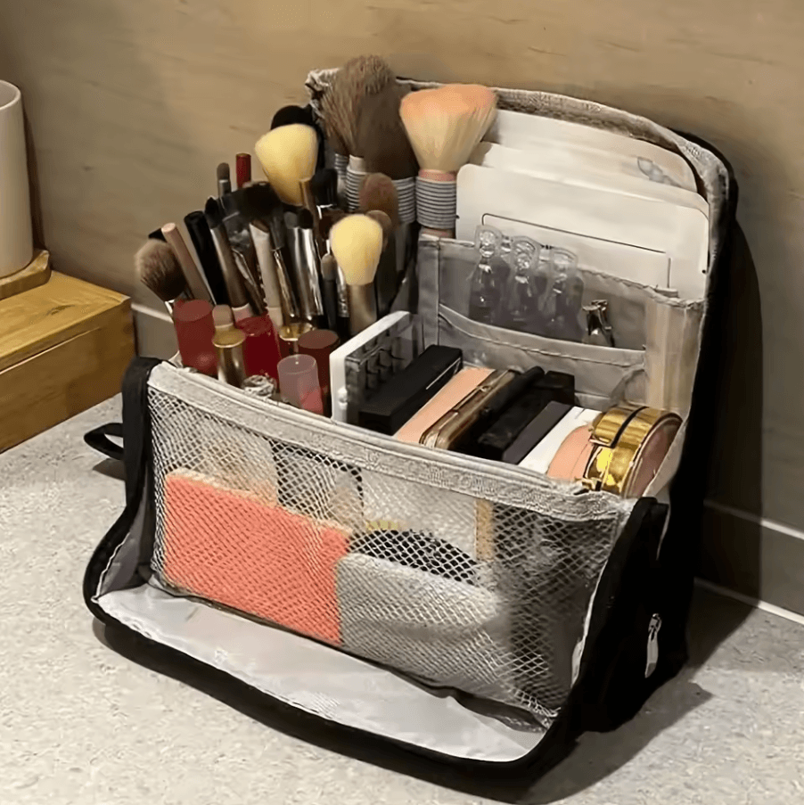 Large Capacity Standing Makeup Bag Organizer with Multi-Compartment Storage