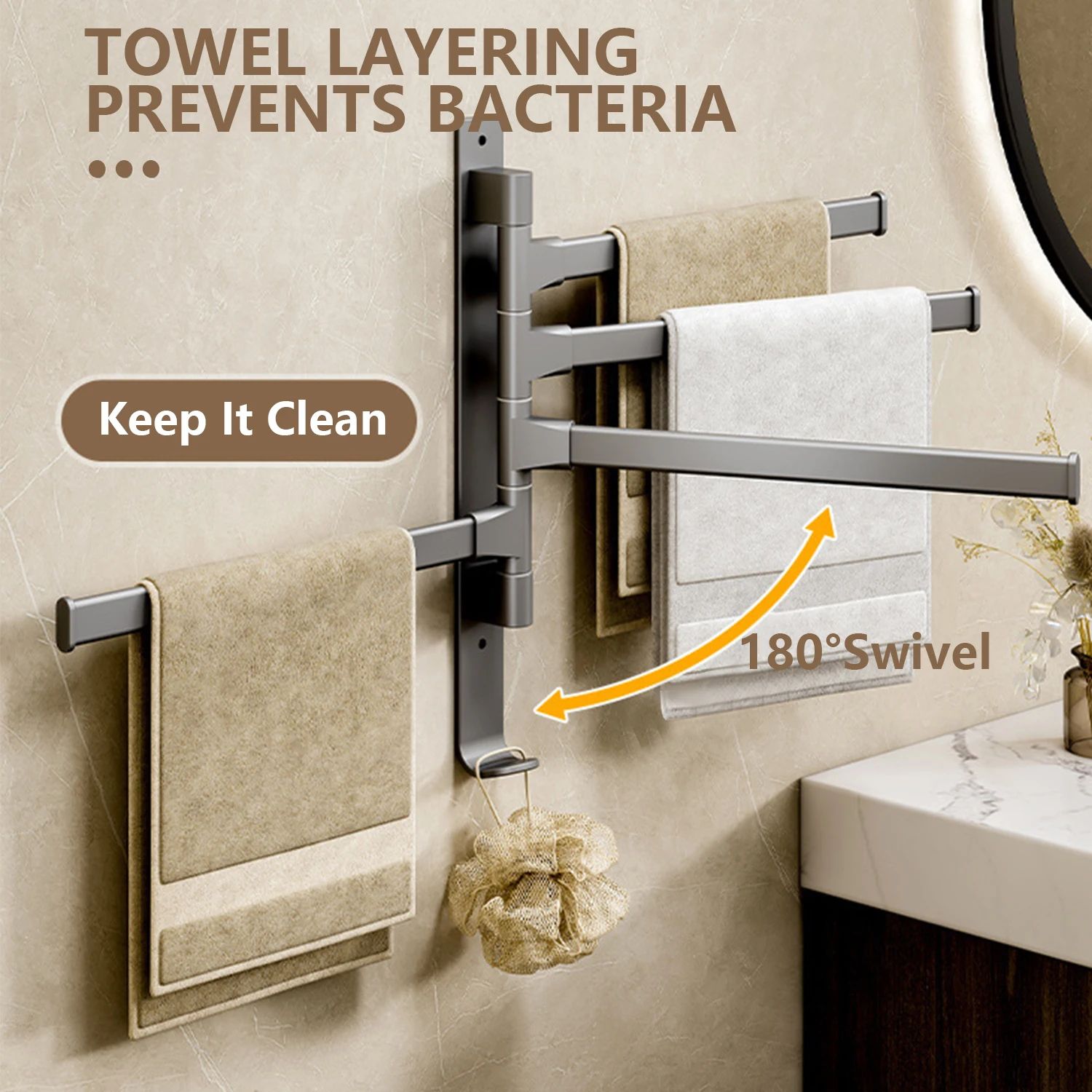 360° Rotating Aluminum Towel Rack Wall Mounted Space-Saving Multi-Bar Towel Holder