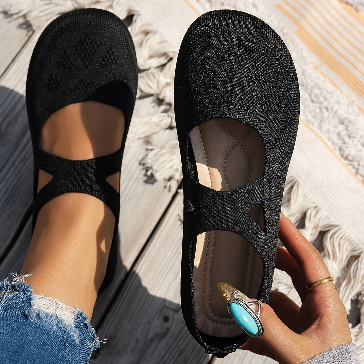 Comfortable Knitted Mary Jane Ballet Shoes – Round Toe Fairy Style Flats for Women