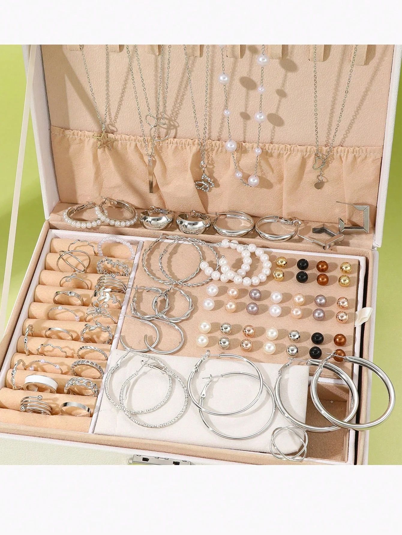 86-Piece Elegant Pearl Jewelry Set – Multi-Layer Necklace, Earrings, Rings & Stud Collection