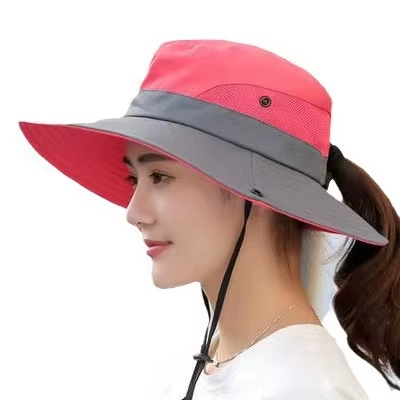 Womens Wide Brim Sun Hat with Ponytail Hole Breathable Waterproof Summer Beach Hat
