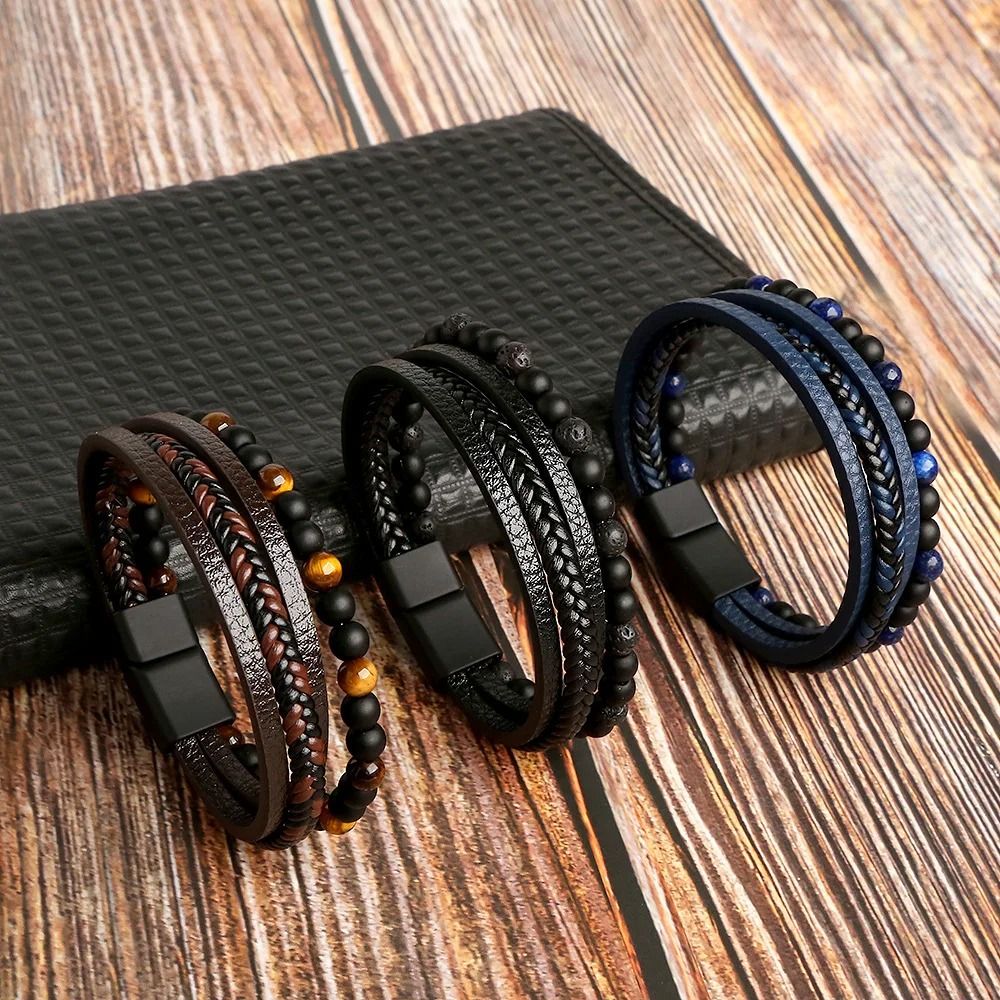 Leather Beaded Tiger Eye Multi Layer Bracelet for Men