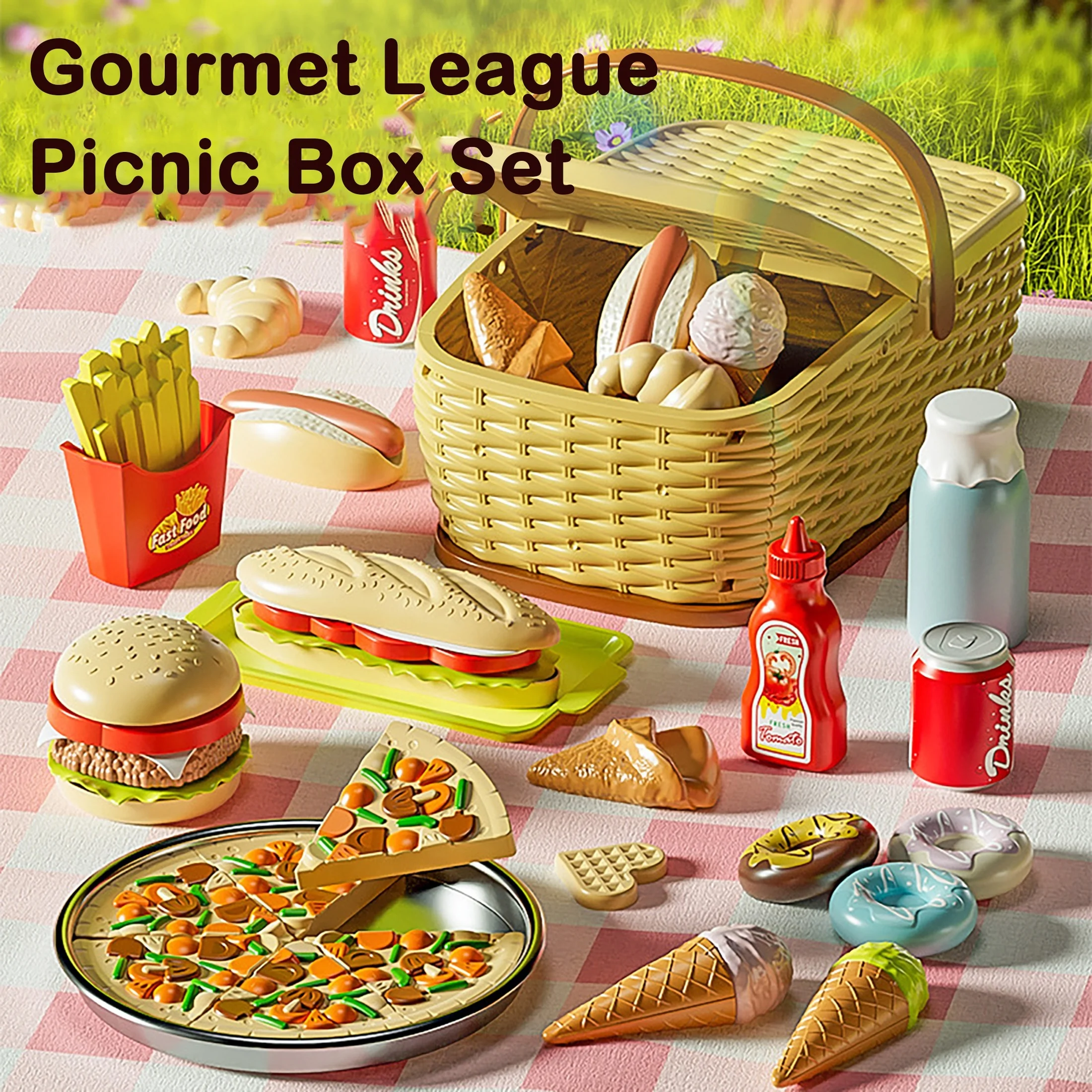 Fruit Toy Cutting Play Food Drink Toy, Pretend Play Simulation Kitchen Set for Kids, Portable Picnic Basket