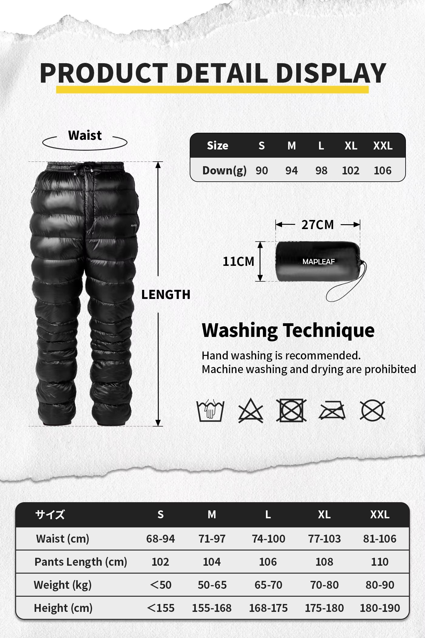 MAPLEAF Ultralight Warm Down Pants 800FP Windproof Waterproof Ski Snow Trousers