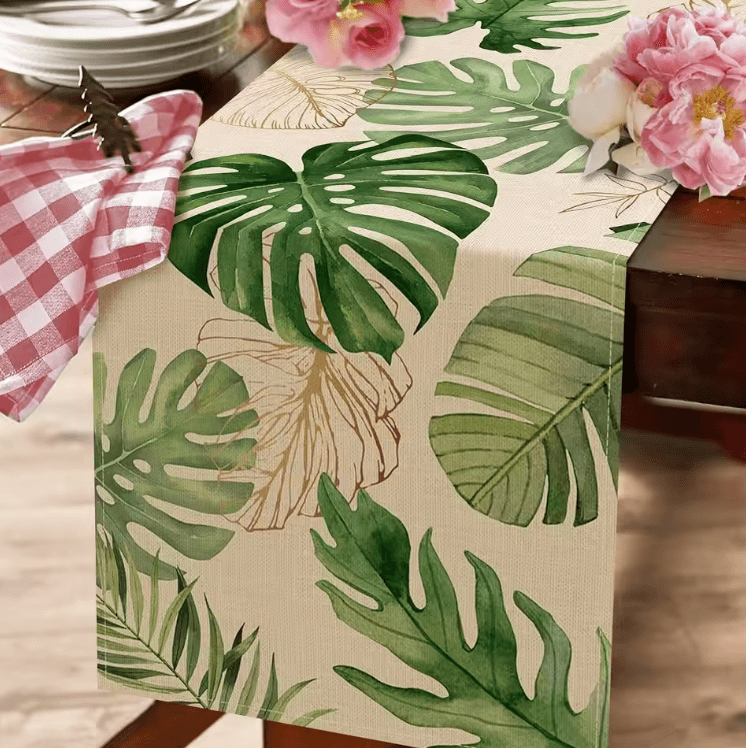 Tropical Palm Leaves Linen Table Runner – Vibrant tropical table runner for Summer & Outdoor Dining Decor