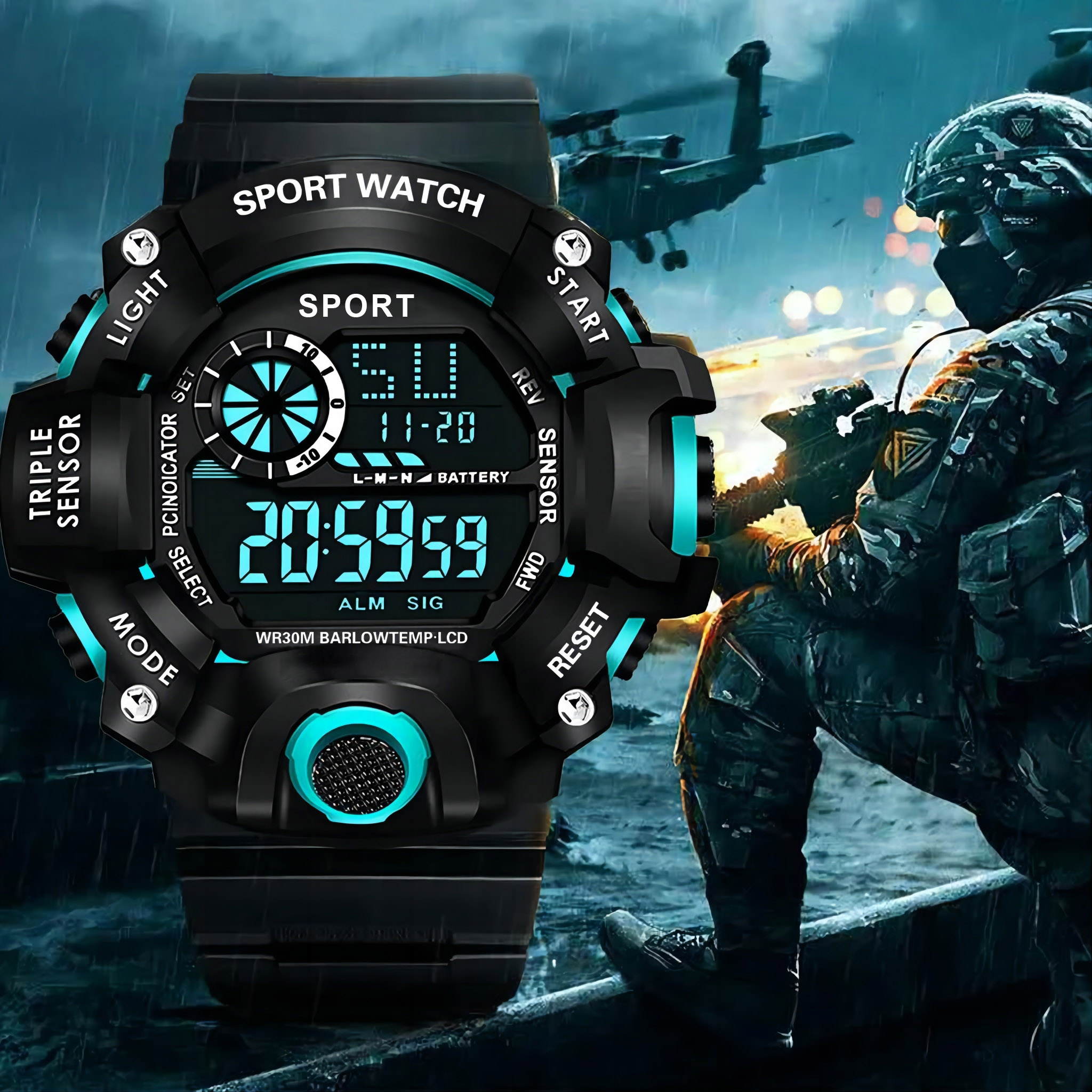 Multifunctional Waterproof Fashion Men's Sports Wristwatch with Luminous Alarm for Military Use, Large Dial