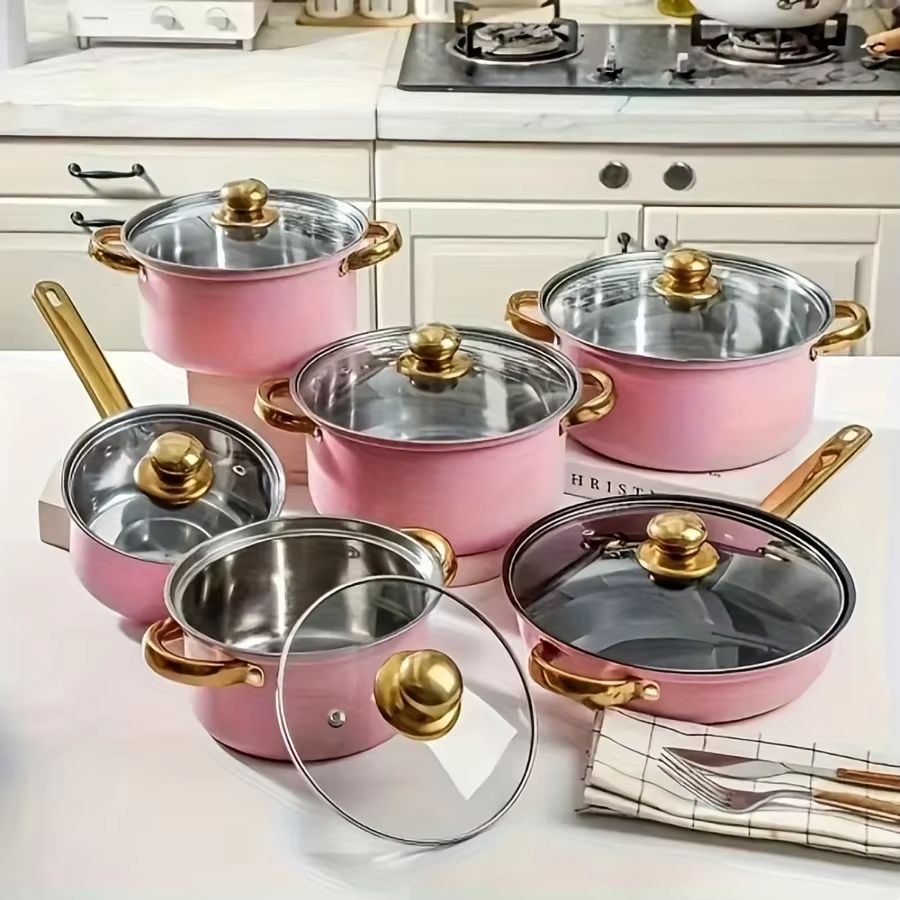 12 Piece nonstick cookware set Stainless Steel induction cookware set with Skillet and Saucepan Combofor Gas and Electr