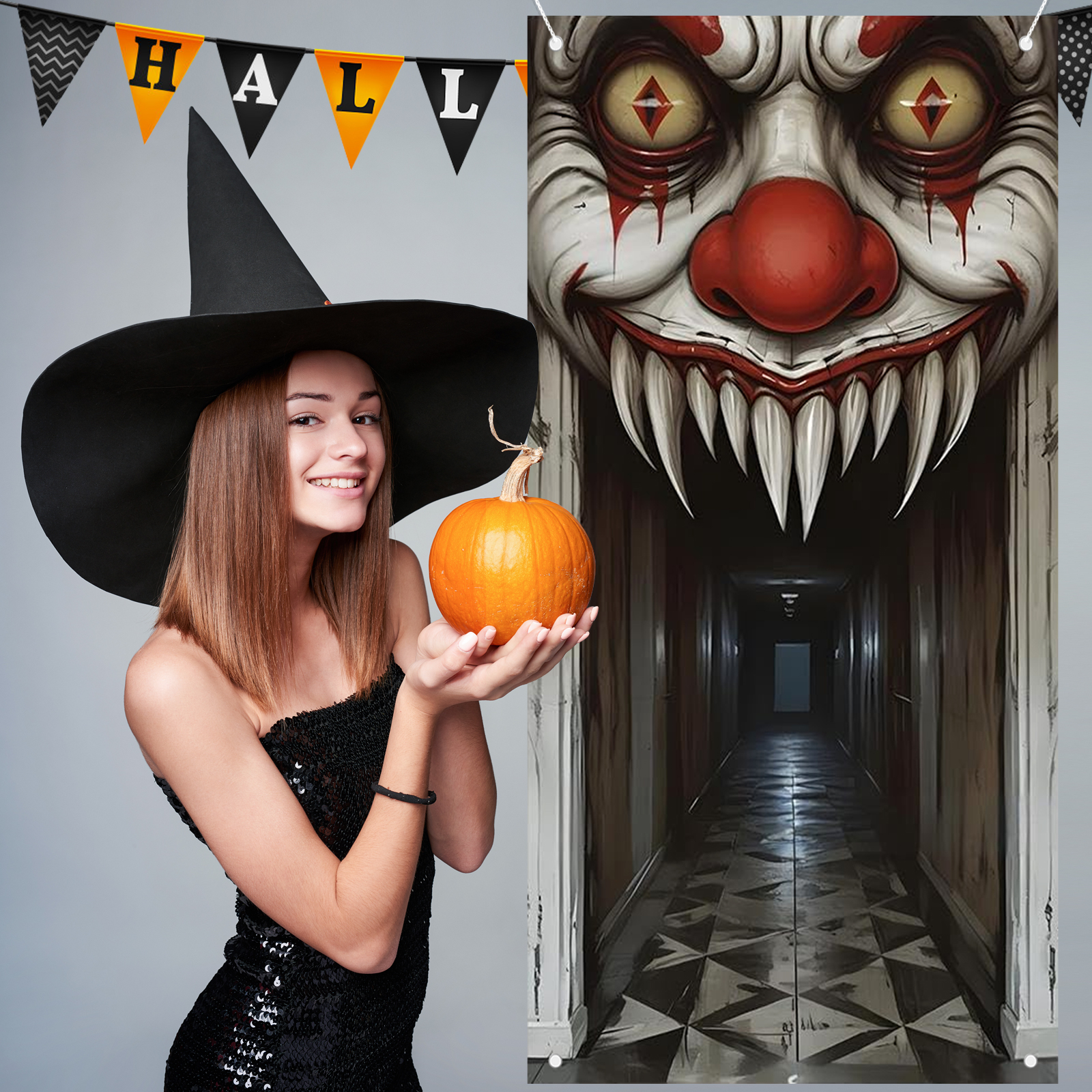 Ultimate Spooky Witch & Zombie Halloween Door Cover, Indoor/Outdoor Haunted House Wall Decor with 2D Scene