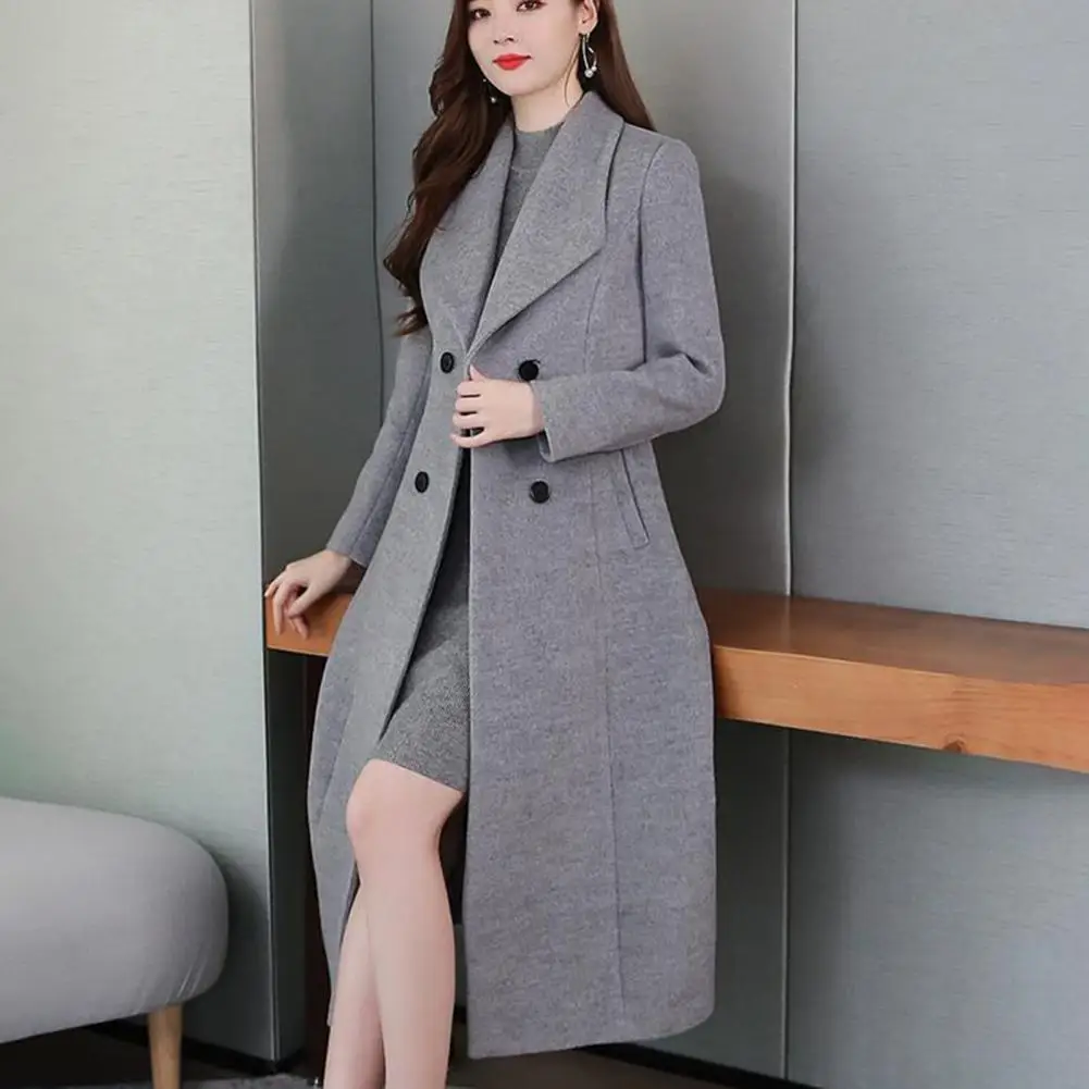Elegant British Style Women Woolen Coat, Double Breasted Waist Tight, Suit Collar Long Cardigan, Mid Calf Length