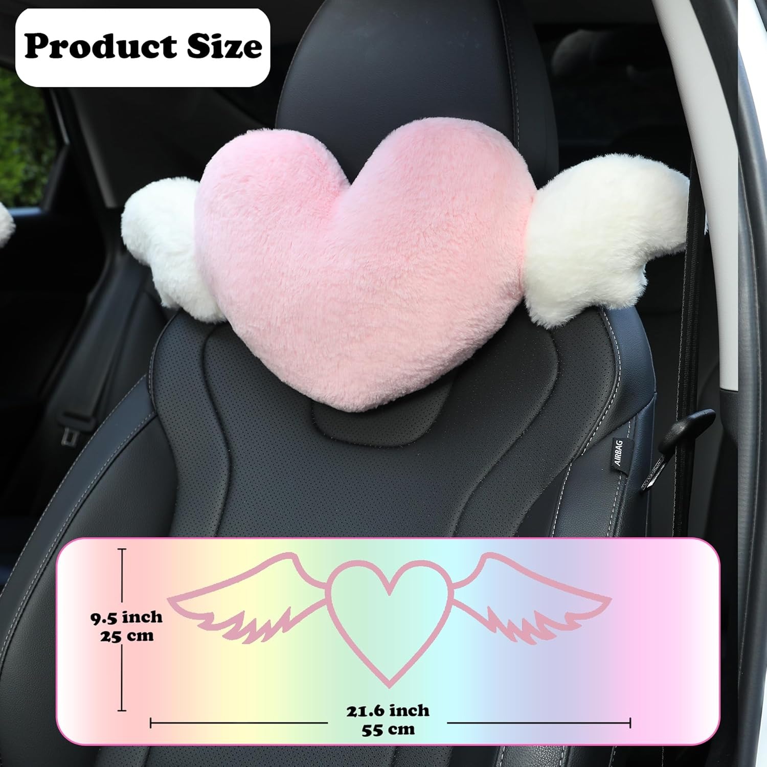 Pink Heart Angel Wings Car Headrest Pillow for Cute Neck Support