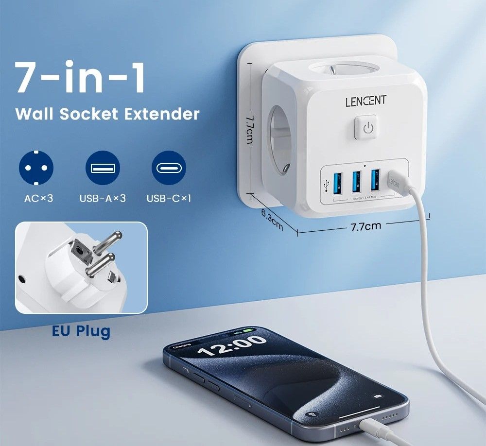 Wall Socket Extender with USB and Type C Ports