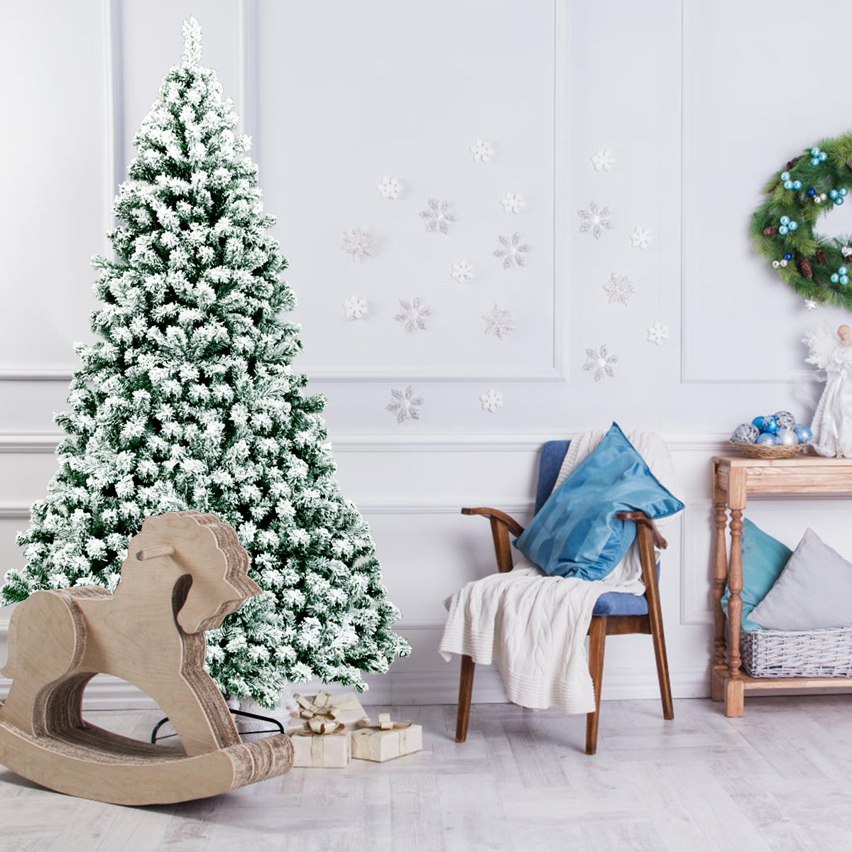 Christmas Tree, Premium Snow Flocked Hinged Design, Pre Lit Artificial Tree with Lights Holiday Style