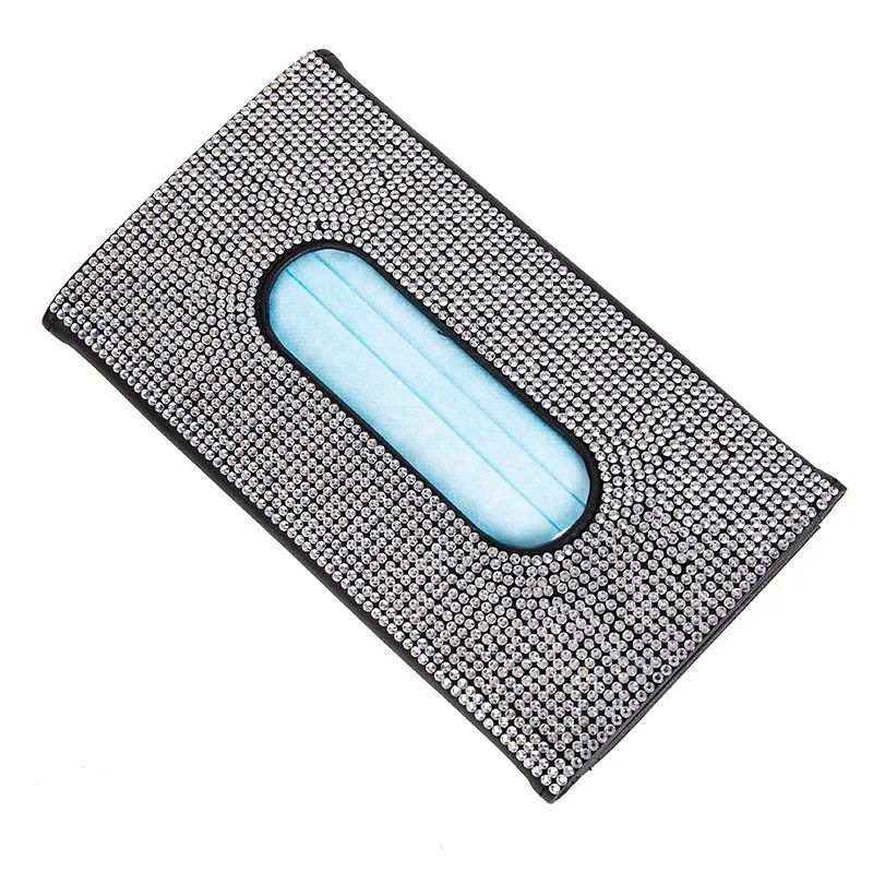 Bling Crystal Car Tissue Box Sun Visor Hanging Holder with Diamond Leather Design