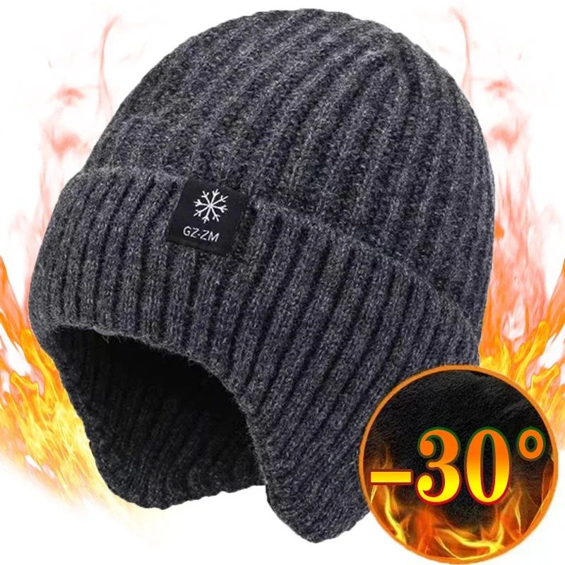 Mens winter hat with visor Faux Fur Lined Knitted Bomber Cap with Earflaps