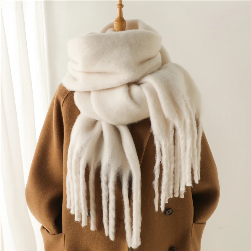 Soft Cashmere Winter Scarf for Women Solid Blanket Pashmina Thick Tassel Wrap