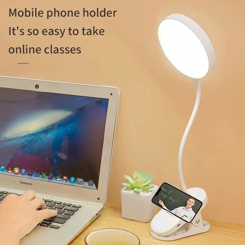 USB Rechargeable Desk Lamp LED Clip Reading Light with Eye Protection and 3 Dimming Modes