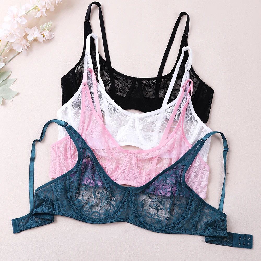 AllureCurve Plus Size Lace Underwire Bra – Sheer Embroidered Plunge Lingerie